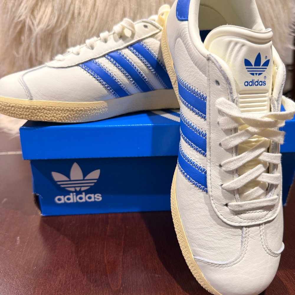 Adidas Gazelle White and Blue Striped Sneakers